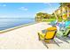 Community beachfront featuring colorful Adirondack chairs, palm trees, and views of the bay at 250 Seagate Ct, Dunedin, FL 34698