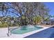 Refreshing pool with a decorative tile border, surrounded by mature trees and lush tropical landscaping at 3105 S Canal Dr, Palm Harbor, FL 34684