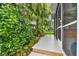 Serene backyard featuring a lush landscaped area, wooden boardwalk, and a screened lanai for enjoying the outdoor ambiance at 6109 Schooner Way, Tampa, FL 33615