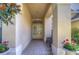 Elegant entryway with double doors, decorative columns, and vibrant flower pots creating a welcoming ambiance at 16318 Palmettoglen Ct, Lithia, FL 33547