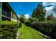 Well-maintained backyard with green grass and trimmed hedges, offering a private outdoor space at 6125 113Th St # 505, Seminole, FL 33772