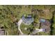 Expansive property featuring a well-maintained home, lush greenery, screened-in pool, and inviting outdoor firepit area at 27625 Lincoln Pl, Wesley Chapel, FL 33544