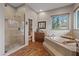 Bathroom with a soaking tub, glass enclosed shower, double vanity, and wood-look flooring at 27625 Lincoln Pl, Wesley Chapel, FL 33544