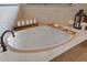 Close up on a soaking tub, with tile surround, elegant fixtures, and bath accessories at 27625 Lincoln Pl, Wesley Chapel, FL 33544