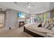 Spacious main bedroom featuring a cozy fireplace, large television, and exercise equipment at 27625 Lincoln Pl, Wesley Chapel, FL 33544