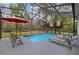 Enclosed in a screened patio, this inviting pool features lounge chairs and an umbrella, offering a relaxing outdoor space at 27625 Lincoln Pl, Wesley Chapel, FL 33544