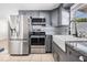 Updated kitchen features stainless steel appliances, gray cabinets, granite counters, and farmhouse sink at 10309 108Th Ave, Largo, FL 33773