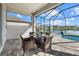 Inviting patio with view of the pool, lake and backyard with a dark metal screen at 15909 39Th E Gln, Parrish, FL 34219