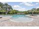Large community pool with shallow entry and lounge areas, surrounded by palm trees and shaded cabanas at 19445 Redwood Point Dr, Tampa, FL 33647