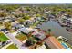 Aerial view of the waterfront home in a neighborhood with mature landscaping at 8706 Tahiti Ln, Tampa, FL 33615