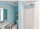 Bright aqua bathroom featuring a pedestal sink, toilet, and walk-in shower, providing a refreshing space at 1679 29Th N Ave, St Petersburg, FL 33713