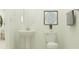 Powder room with pedestal sink, decorative mirror, and modern toilet at 16969 Falling Waters Ct, Land O Lakes, FL 34638