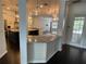 Open floor plan with kitchen island, stainless appliances, and elegant pendant lighting at 19719 Prince Benjamin Dr, Lutz, FL 33549