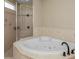 A corner jetted tub with a walk-in shower and tiled backsplash in bathroom at 19719 Prince Benjamin Dr, Lutz, FL 33549