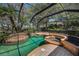 The screened-in pool area boasts a freeform pool, spa, and rock features surrounded by lush landscaping at 19719 Prince Benjamin Dr, Lutz, FL 33549