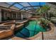 Screened-in pool and spa area showcasing the pool's unique design and lush landscaping at 19719 Prince Benjamin Dr, Lutz, FL 33549