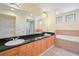 Bathroom with double sinks, granite counters, soaking tub, and separate shower at 3405 W Swann Ave # 9, Tampa, FL 33609