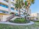 Exterior staircase to a building entry surrounded by tropical landscaping and palm trees at 100 Bluff View Dr # 317A, Belleair Bluffs, FL 33770