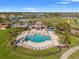 An aerial view shows a community pool with lounge chairs, a spa, palm trees, and green space at 13538 Willow Bluestar Loop, Riverview, FL 33579