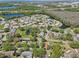 Bird's eye view of a residential neighborhood with ponds, mature trees, and a well-organized street layout at 2009 Halidom Way, Sun City Center, FL 33573