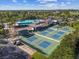 Aerial view showing community pickleball courts next to the pool, mature landscaping and lake in the background at 2009 Halidom Way, Sun City Center, FL 33573