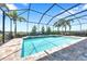 A screened-in pool features lounge seating and a lovely landscape with blue sky and palms at 14610 Red Castle Ave, Lithia, FL 33547