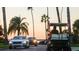 Street view with cars and a golf cart with American flags, lined by palm trees at sunset at 17406 Isaac Ln, Punta Gorda, FL 33955