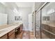 Bathroom featuring double sinks, spacious walk-in shower, and ample cabinet space at 31820 Blythewood Way, Wesley Chapel, FL 33543
