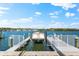 A boat is seen docked on a boat lift at a private dock with white railings and calm blue water at 32 Gulf Blvd, Indian Rocks Beach, FL 33785