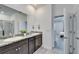 Bathroom featuring double sinks, granite countertop, dark cabinets, and a separate shower at 33298 Major Oak Dr, Wesley Chapel, FL 33545
