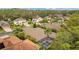 Drone shot of a house with a pool and nice landscaping in a quiet neighborhood surrounded by trees at 3543 Watermark Dr, Wesley Chapel, FL 33544