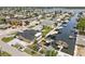 Aerial view of home and waterfront neighborhood, showing waterways, boat docks, and lush landscaping at 13701 Garris Dr, Hudson, FL 34667