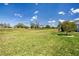 Expansive front yard featuring lush green grass, mature trees and a bright blue sky at 322 Club Manor Dr, Sun City Center, FL 33573