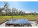 Backyard and patio with modern outdoor furniture overlooking a well-manicured lawn with lush green grass at 11944 Miracle Mile Dr, Riverview, FL 33578