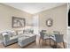Cozy seating area with a gray couch, glass table, stylish mirror, and artwork at 146 4Th Ne Ave # 600, St Petersburg, FL 33701