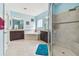 Main bathroom features a glass walk-in shower, a soaking tub, and dual vanities with granite countertops at 19432 Whispering Brook Dr, Tampa, FL 33647