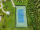 Aerial view of a meticulously maintained tennis court with lighting in a green, landscaped community at 19432 Whispering Brook Dr, Tampa, FL 33647