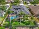 Aerial view of the property highlighting the backyard pool area and the well-maintained landscaping at 22647 Eagles Watch Dr, Land O Lakes, FL 34639