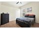 Comfortable bedroom features a dark bed frame, a ceiling fan, and a chest of drawers with wood-look flooring at 22647 Eagles Watch Dr, Land O Lakes, FL 34639