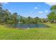 The pond is located on the property and is surrounded by lush green grass and mature trees at 26290 Hayman Rd, Brooksville, FL 34602