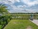 Backyard with a view of the pond and green space, featuring grass and stone pavers at 6185 Hidden Branch Dr, Apollo Beach, FL 33572