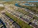 A full aerial view showcasing the community townhomes, pool, pond, visitor parking and well-maintained landscaping at 7047 Towne Lake Rd, Riverview, FL 33578