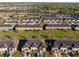 Aerial image of colorful townhomes and visitor parking areas with lush green lawns and a dense tree line backdrop at 7047 Towne Lake Rd, Riverview, FL 33578