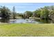 Scenic community pond with fountain and surrounding greenery at 8711 Plum Ln, Temple Terrace, FL 33637