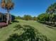 Expansive backyard featuring lush green lawn, mature trees, and views of the golf course at 13551 Carnoustie Cir, Dade City, FL 33525