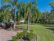 A meticulously landscaped front yard features mature palms, lush lawn, and a brick driveway at 13551 Carnoustie Cir, Dade City, FL 33525