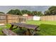 Spacious backyard with a picnic table, wooden fence, and room for outdoor activities at 337 Shore E Dr, Oldsmar, FL 34677