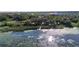 Scenic aerial view showcases a peaceful lake with a dock, surrounded by lush greenery and neighborhood at 9748 Ibis Grove Blvd, Wesley Chapel, FL 33545