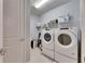 Convenient laundry room with modern washer and dryer set, complete with storage shelves and ample space at 9748 Ibis Grove Blvd, Wesley Chapel, FL 33545