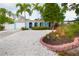 Charming single-story home featuring a blue exterior, a well-manicured yard, and a spacious white gravel driveway at 1754 Patricia Ave, Dunedin, FL 34698
